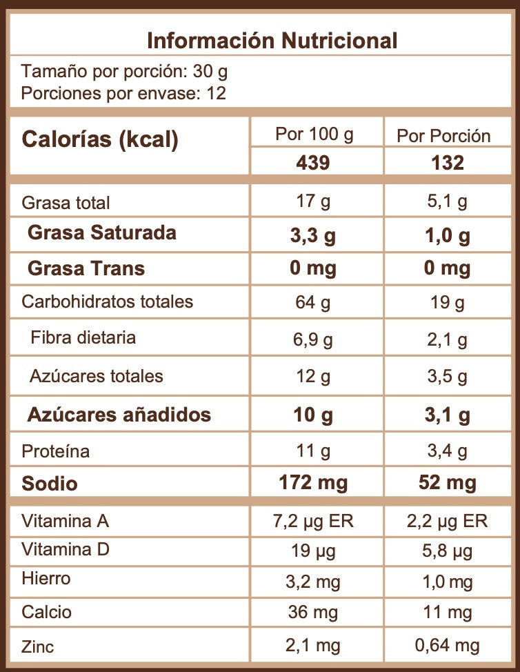 Cereal Amira con cacao puro chocolate, sin azucar refinada, saludable y crujiente informacion nutricional
