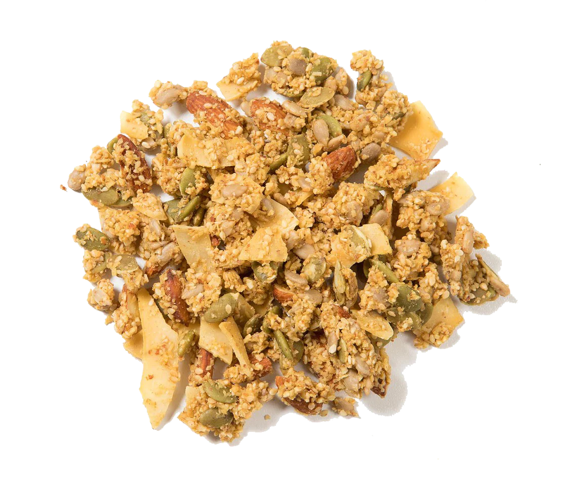Granola Amira keto sin gluten con coco y almendras, fuente natural de grasas saludables, proteina y fibra informacion nutricional.