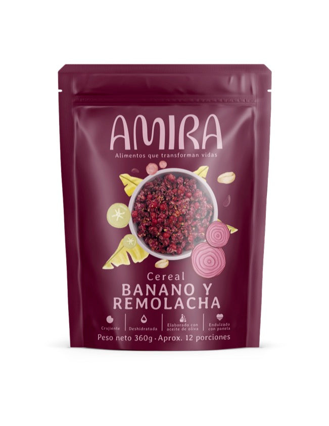 Cereal Amira con banano y remolacha sin azucar refinada, saludable y crujiente