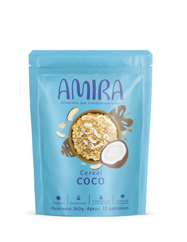 Cereal Amira con coco deshidratado sin azucar refinada, saludable y crujiente