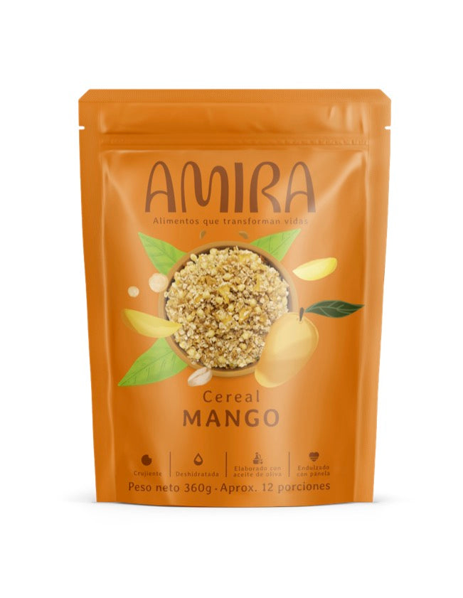 Cereal Amira con mango deshidratado sin azucar refinada, saludable y crujiente