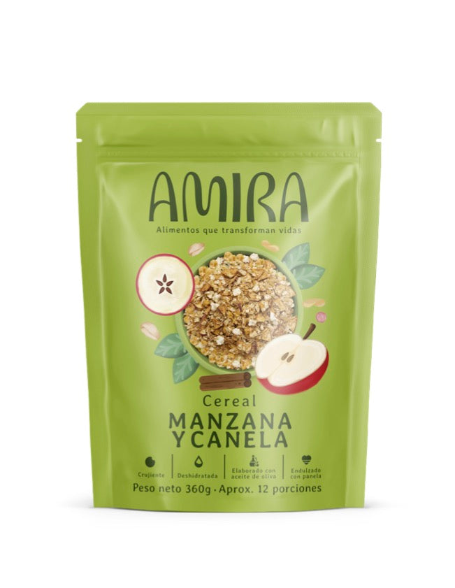 Cereal Amira con manzana deshidratada y canela, sin azucar refinada, saludable y crujiente