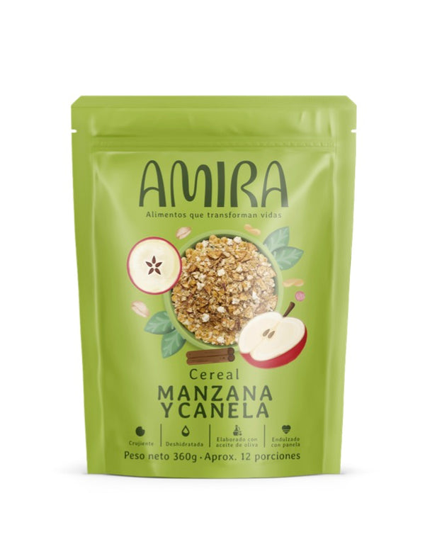 Cereal Amira con manzana deshidratada y canela, sin azucar refinada, saludable y crujiente