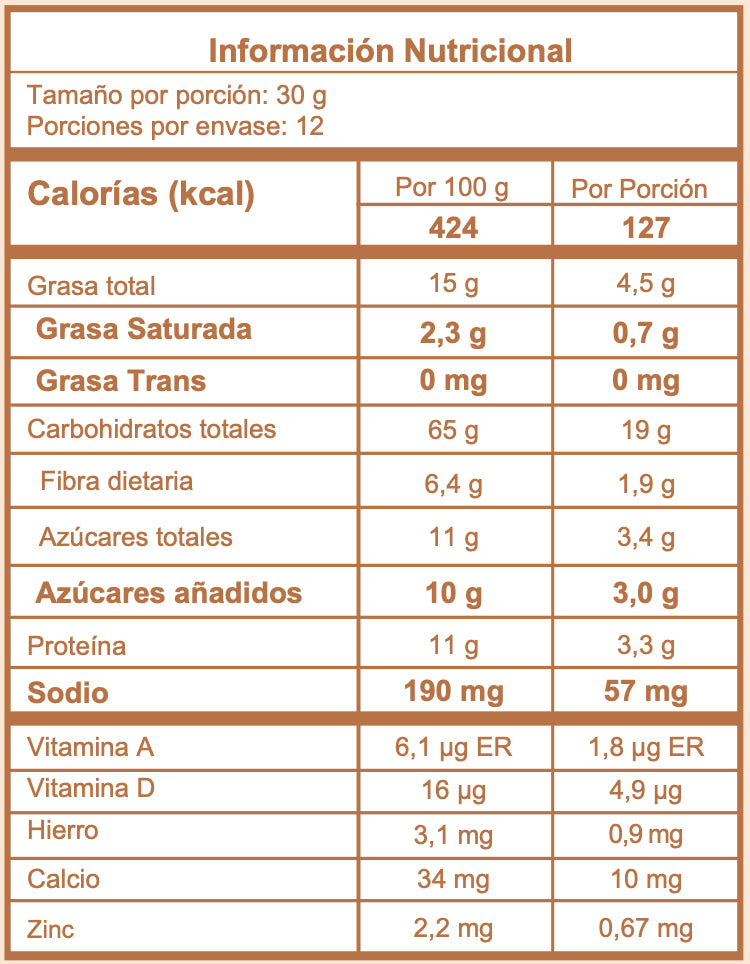 Cereal Amira con vainilla sin azucar refinada, saludable y crujiente informacion nutricional