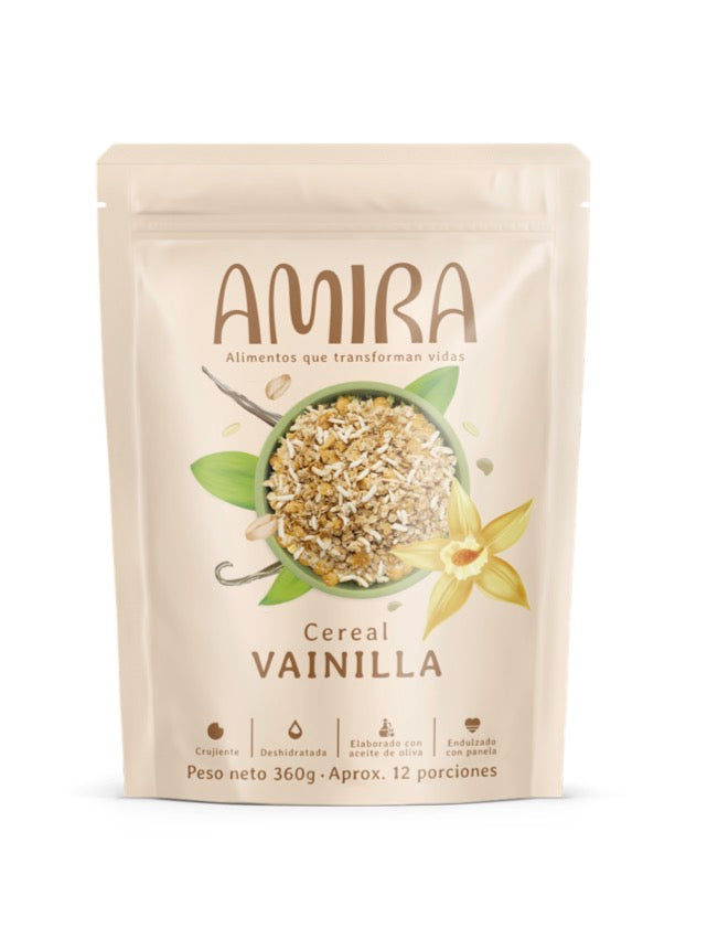 Cereal Amira con vainilla sin azucar refinada, saludable y crujiente.