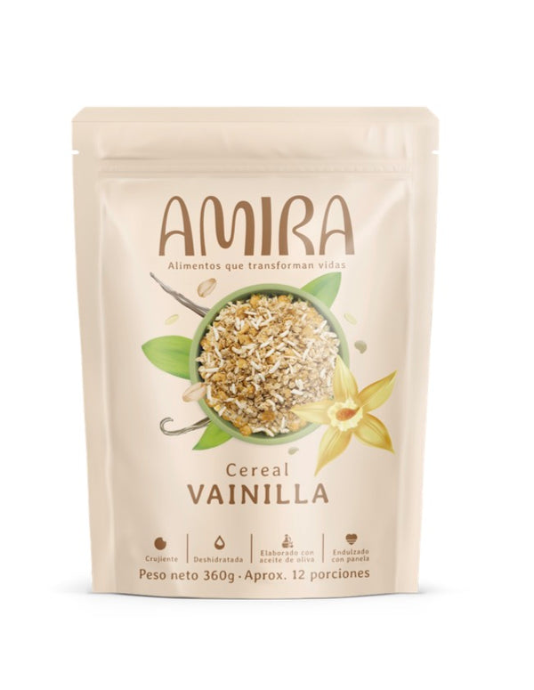 Cereal Amira con vainilla sin azucar refinada, saludable y crujiente.