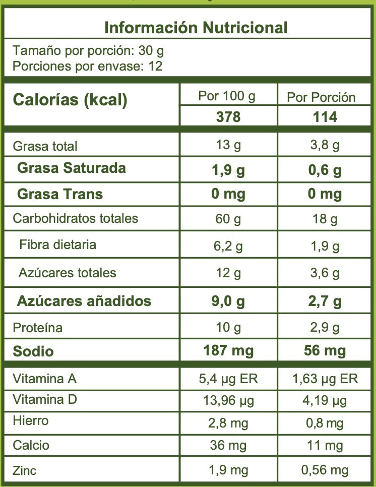 Cereal Amira con manzana deshidratada y canela, sin azucar refinada, saludable y crujiente informacion nutricional