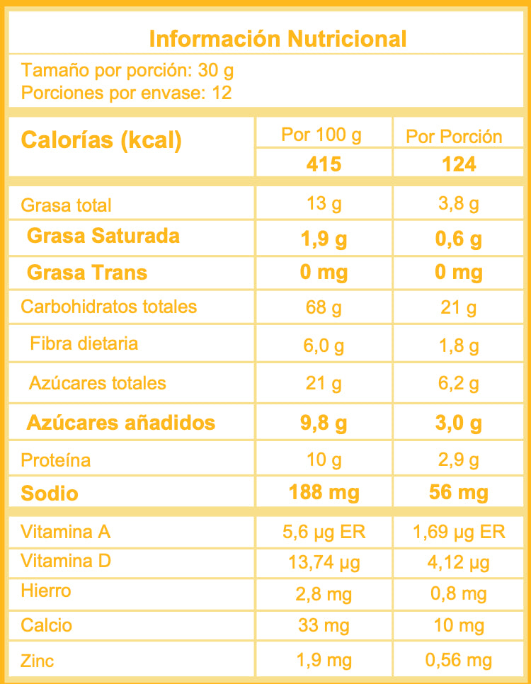 Cereal Amira con piña deshidratada sin azucar refinada, saludable y crujiente informacion nutricional
