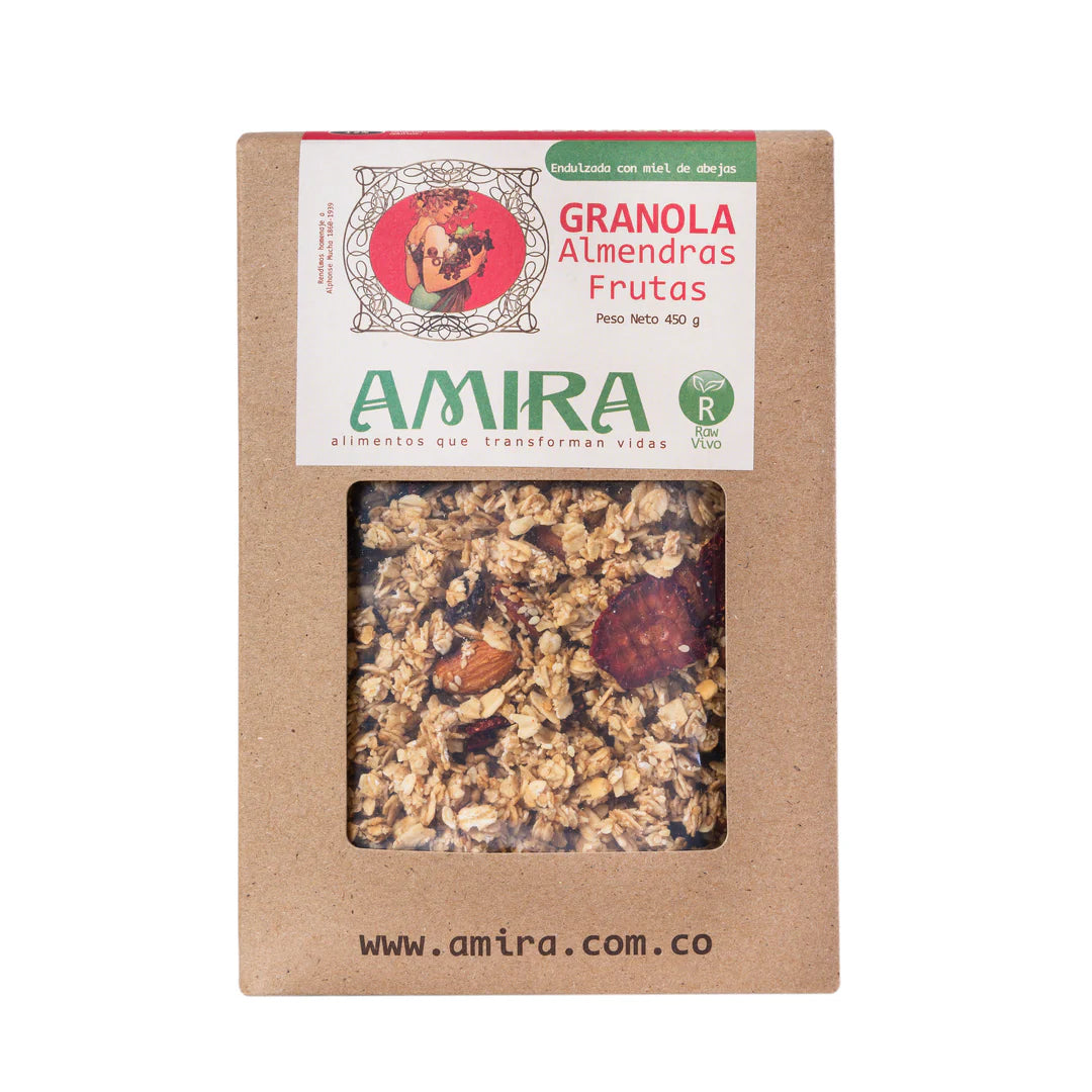 Granola Amira con almendras y fresas y uchuvas deshidratadas, fuente natural de proteina y fibra.
