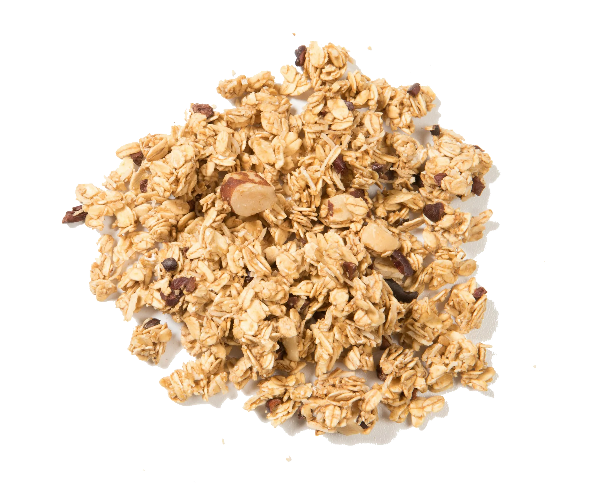 Granola Amira sin gluten con banano, cacao y coco, fuente natural de energia con grasas saludables  y fibra.
