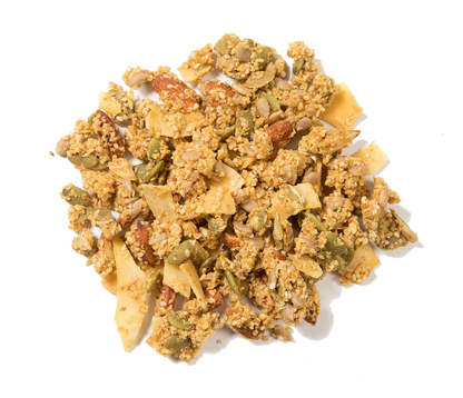 Granola Amira keto sin gluten con coco y almendras, fuente natural de grasas saludables, proteina y fibra informacion nutricional.
