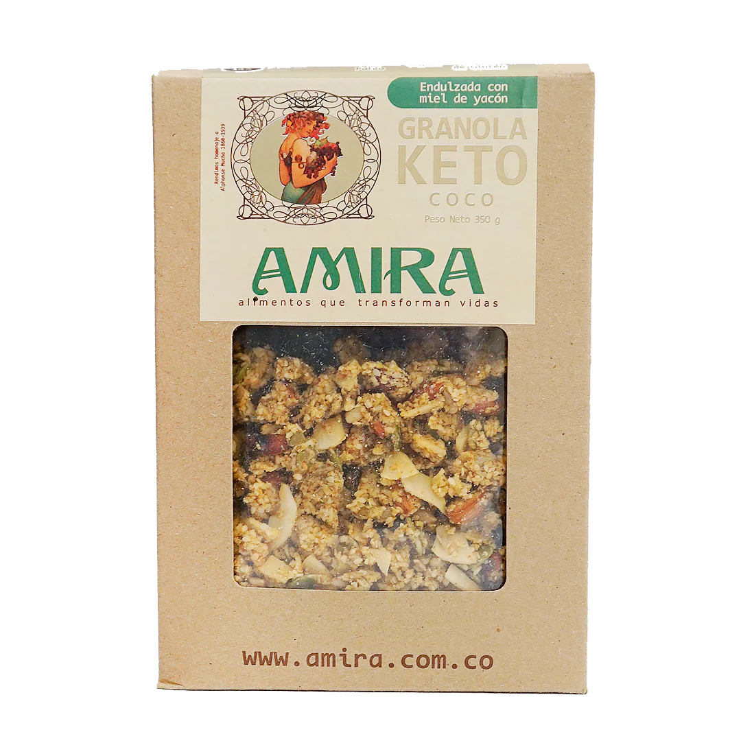 Granola Amira keto con almendras y coco, fuente natural de proteina, fibra y grasas saludables.
