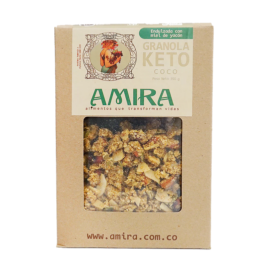 Granola Amira keto con almendras y coco, fuente natural de proteina, fibra y grasas saludables.
