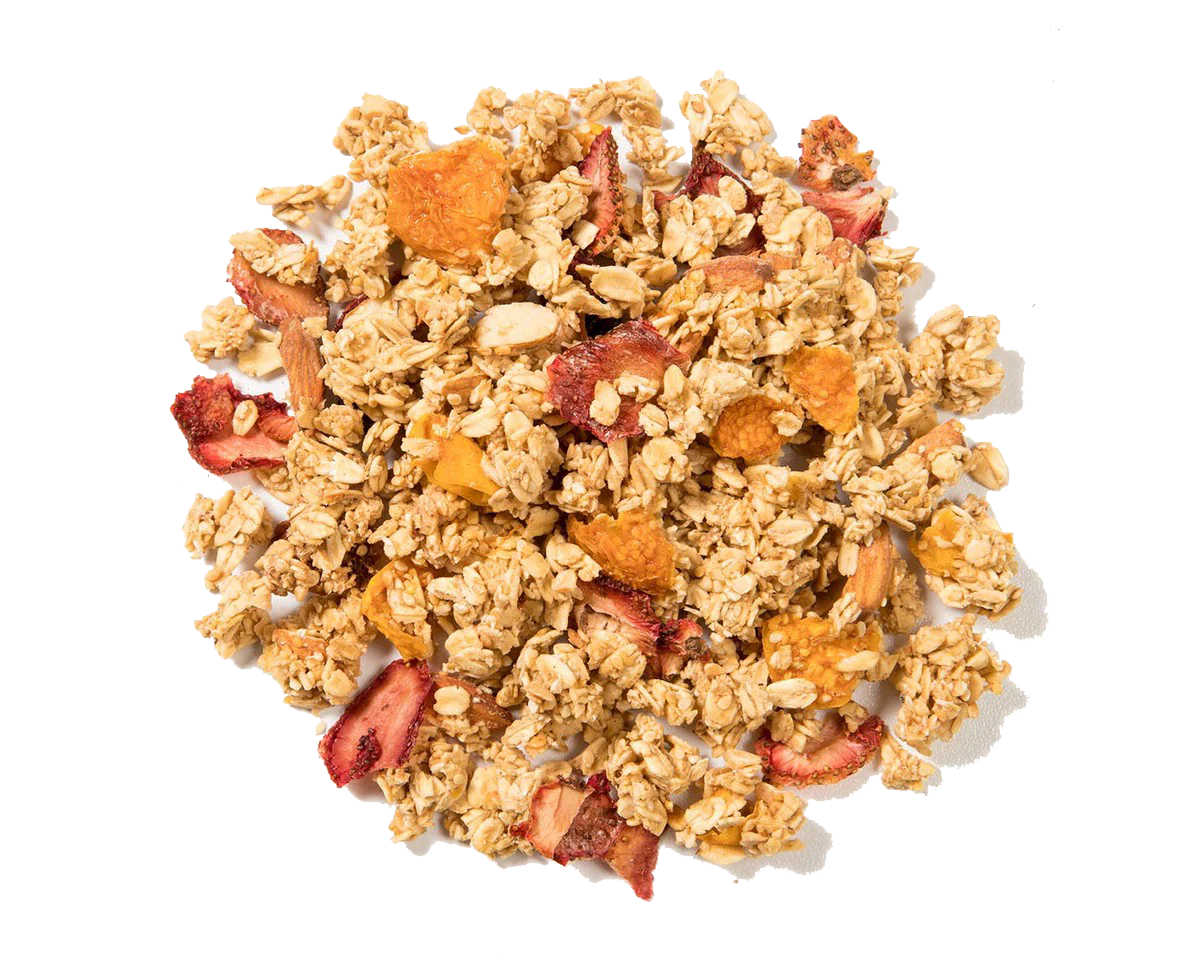 Granola Amira sin gluten con almendras y fresas deshidratadas y uchuvas deshidratadas, fuente natural de proteina y fibra.
