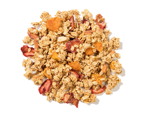 Granola Amira sin gluten con almendras y fresas deshidratadas y uchuvas deshidratadas, fuente natural de proteina y fibra.
