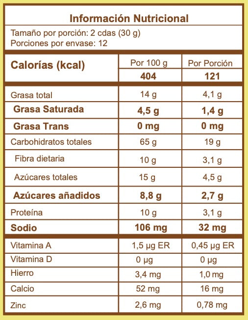 Granola Amira sin gluten con banano, cacao y coco, fuente natural de energia con grasas saludables  y fibra informacion nutricional.