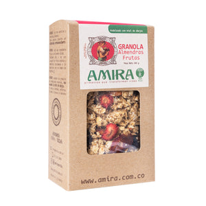 Amira Granola Caja 200 gramos Almendras y Frutas vista lateral ingredientes