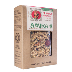 Amira Granola Caja 450 gramos Almendras y Frutas vista lateral ingredientes