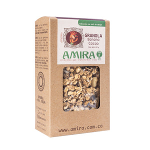 Amira Granola Caja 200 gramos Banano y Cacao  vista lateral ingredientes