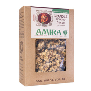 Amira Granola Caja 450 gramos Banano Cacao vista lateral