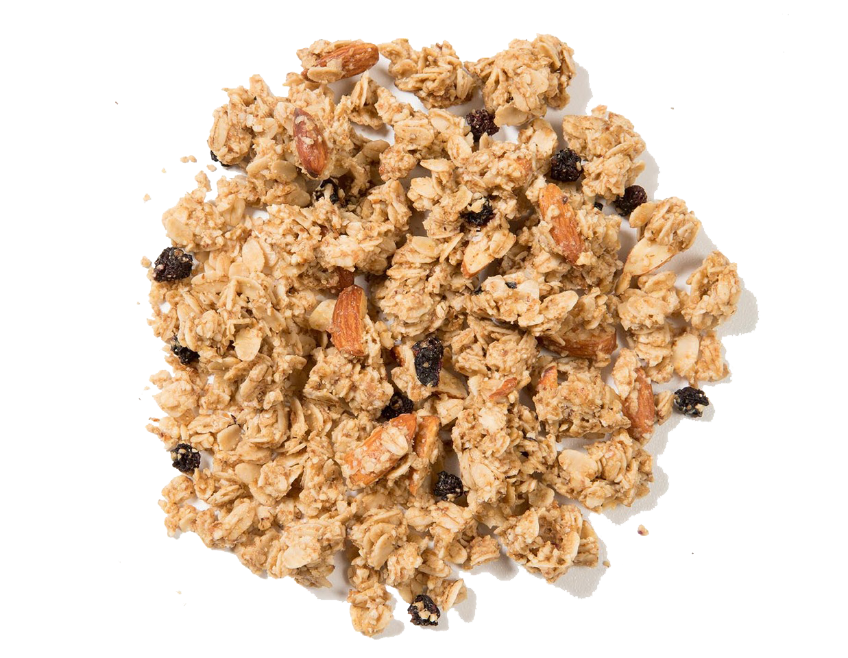 Granola Amira sin gluten con arándanos azules y almendras, fuente natural de grasas saludables y fibra.