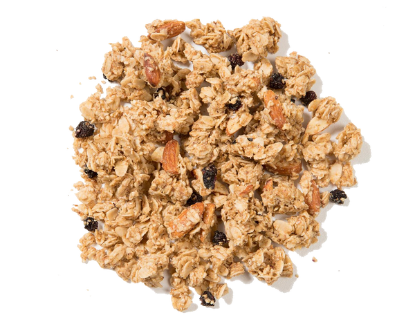 Granola Amira sin gluten con arándanos azules y almendras, fuente natural de grasas saludables y fibra.