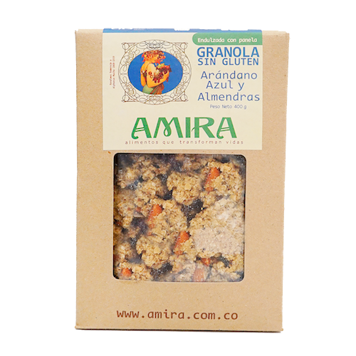 Granola Amira sin gluten con arándanos azules y almendras, fuente natural de proteina y grasas del aceite de coco y fibra.