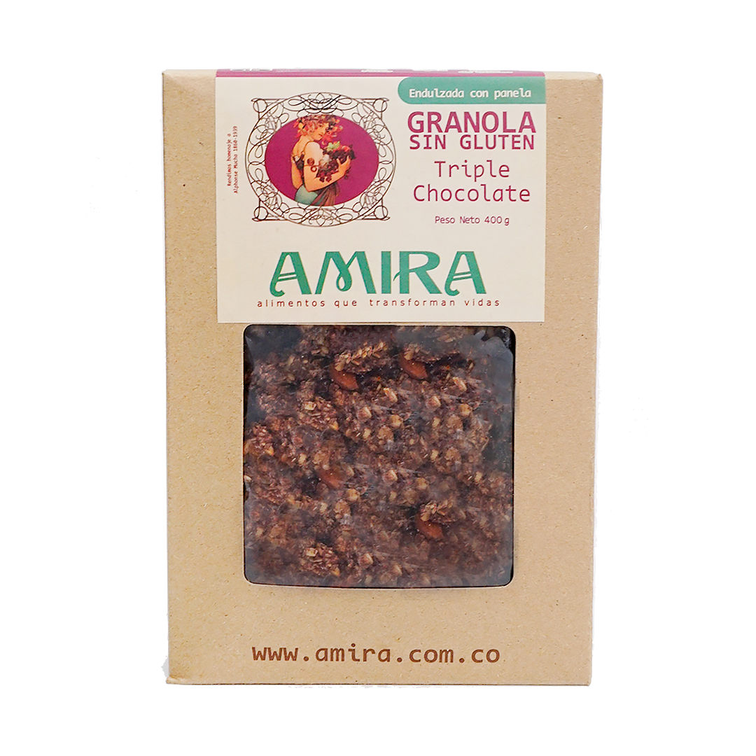 Granola Amira con cacao, almendras y avena sin gluten fuente de fibra y proteina saludable y nutritiva