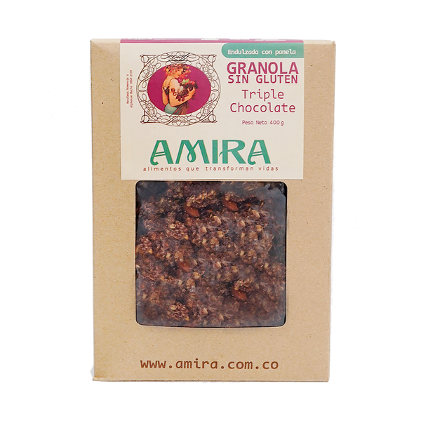 Granola Amira con cacao, almendras y avena sin gluten fuente de fibra y proteina saludable y nutritiva